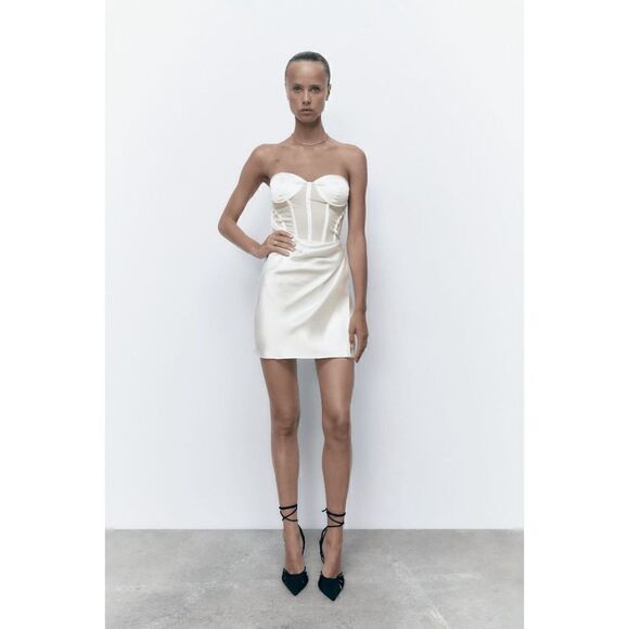 STRAIGHT NECK UNDERWIRE MINI DRESS. FRONT WRAP DETAIL WITH RUCHING. SIDE HIDDEN - Picture 1 of 10